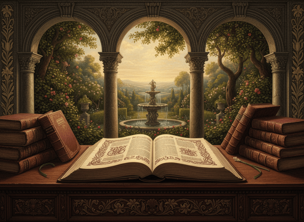 Distinguished theological website banner, mixed antique engraving and old master realism, divine blessedness and plenitude: open folio on dark carved desk, warm golden light, classical stone arches opening to a serene garden fountain and abundant landscape, leather theology books, restrained lilies and olive branches, subtle manuscript ornament, burgundy charcoal parchment and antique gold palette, reverent scholarly atmosphere, rich texture, no depiction of God as a human person, no readable text, no logos, no kitsch.