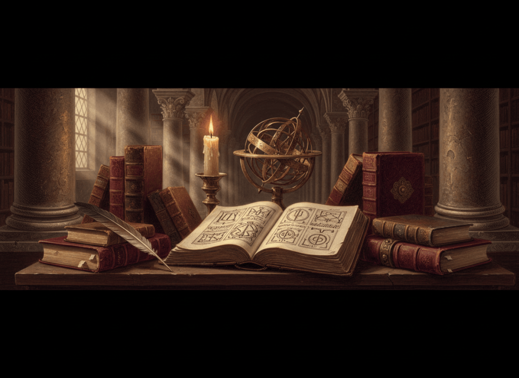 Distinguished classical theology website banner, doctrine of God: antique open folio, armillary sphere, substantial leather books, quill, candlelight, Romanesque stone columns and arches, deep library shadows, restrained gold and burgundy, old master painting blended with engraved woodcut details, visual themes of permanence infinity aseity simplicity and wisdom, no depiction of God as a human person, no readable text or logos.