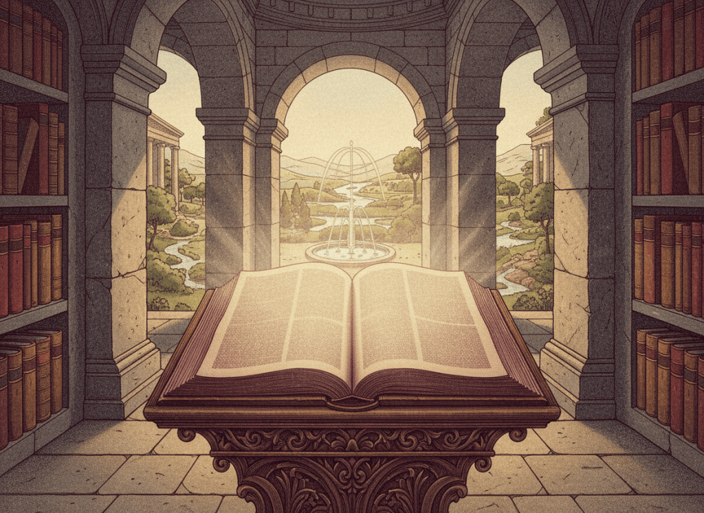 Distinguished theological article image about divine aseity and generosity: antique open folio in a strong classical study, massive stone architecture and stable forms, warm radiant light flowing outward through arches toward a beautiful created landscape, leather books, subtle fountain motif, old master realism blended with woodcut engraving, burgundy charcoal parchment antique gold palette, suggest fullness freely giving without need, no human depiction of God, no readable text or logos.