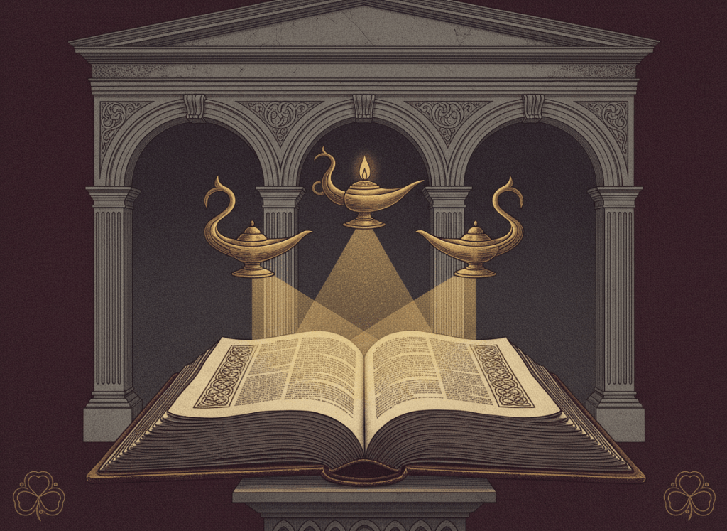 Distinguished theological website banner for the Holy Trinity, symbolic rather than anthropomorphic: open ancient codex, three harmonized lamps casting one field of warm light, three arches integrated into one classical structure, subtle trefoil and interlaced manuscript ornament, old library, engraved woodcut and Renaissance painting sensibility, gold burgundy charcoal parchment palette, mysterious reverent scholarly beauty, absolutely no human depiction of God or the Trinity, no readable text or logos.
